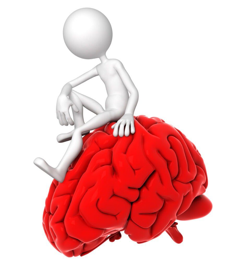 3d person sitting on red brain in a thoughtful pose